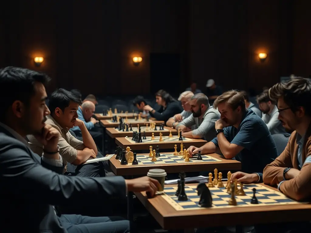 A photograph of chess club members participating in a chess tournament, demonstrating the competitive and intellectual challenges offered by the club.