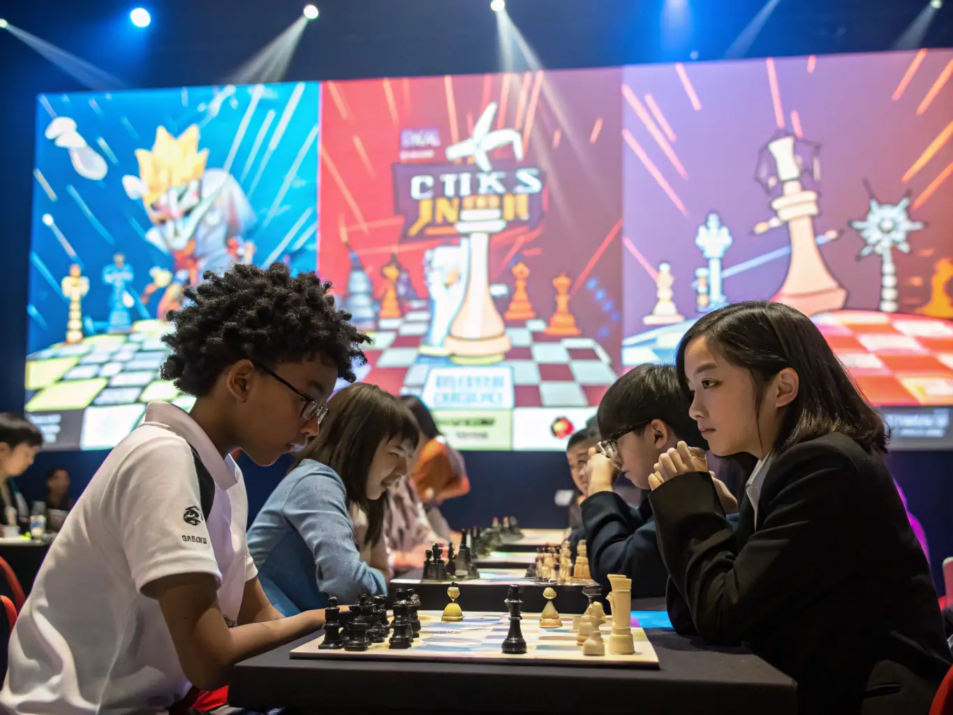 A group of children deeply engrossed in a chess game, showcasing the youth engagement program of the chess club. The image should convey a sense of fun, learning, and friendly competition.
