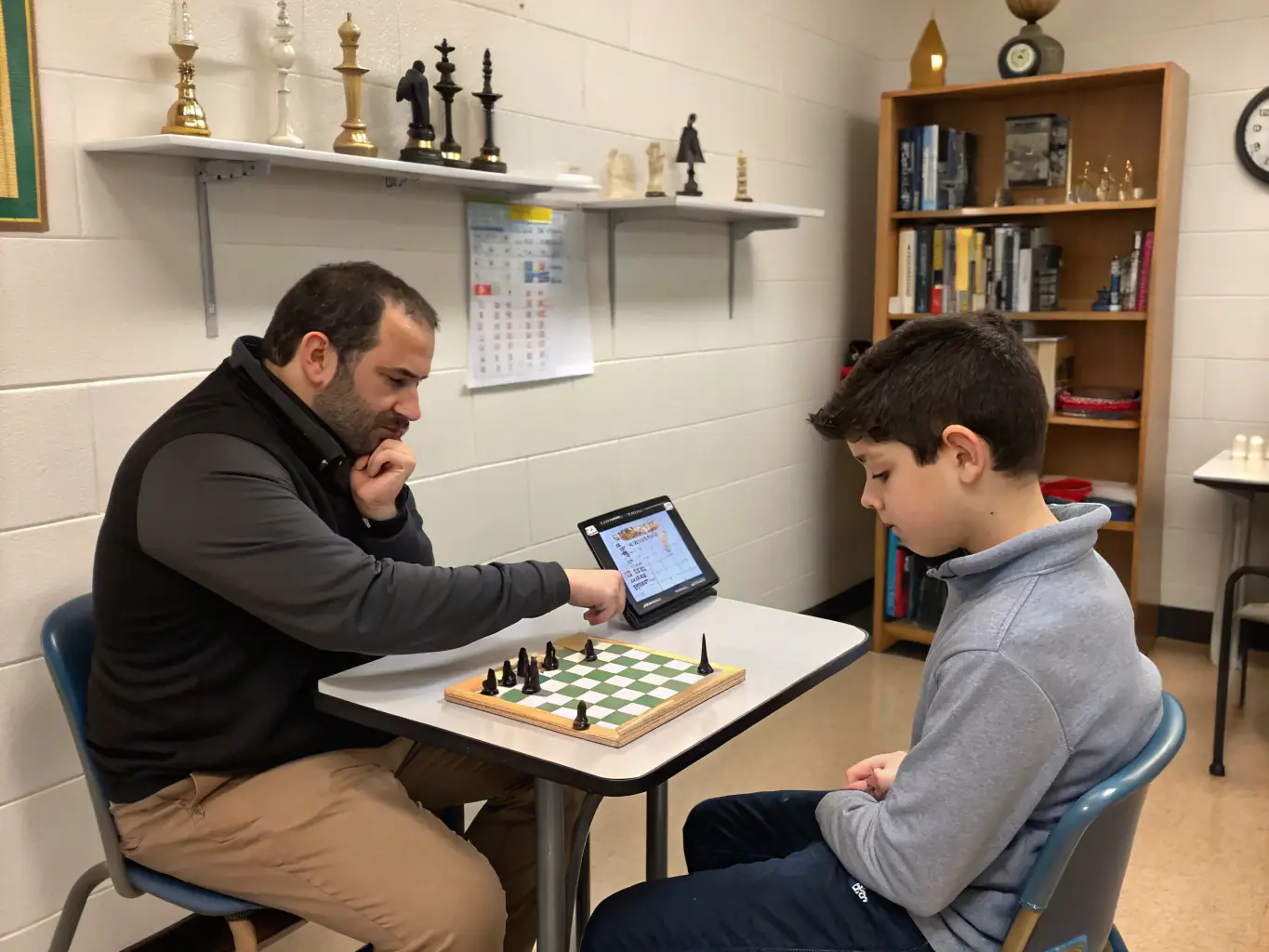 A picture of a chess coach providing personalized instruction to a young student, highlighting the one-on-one guidance and mentorship available at the club.