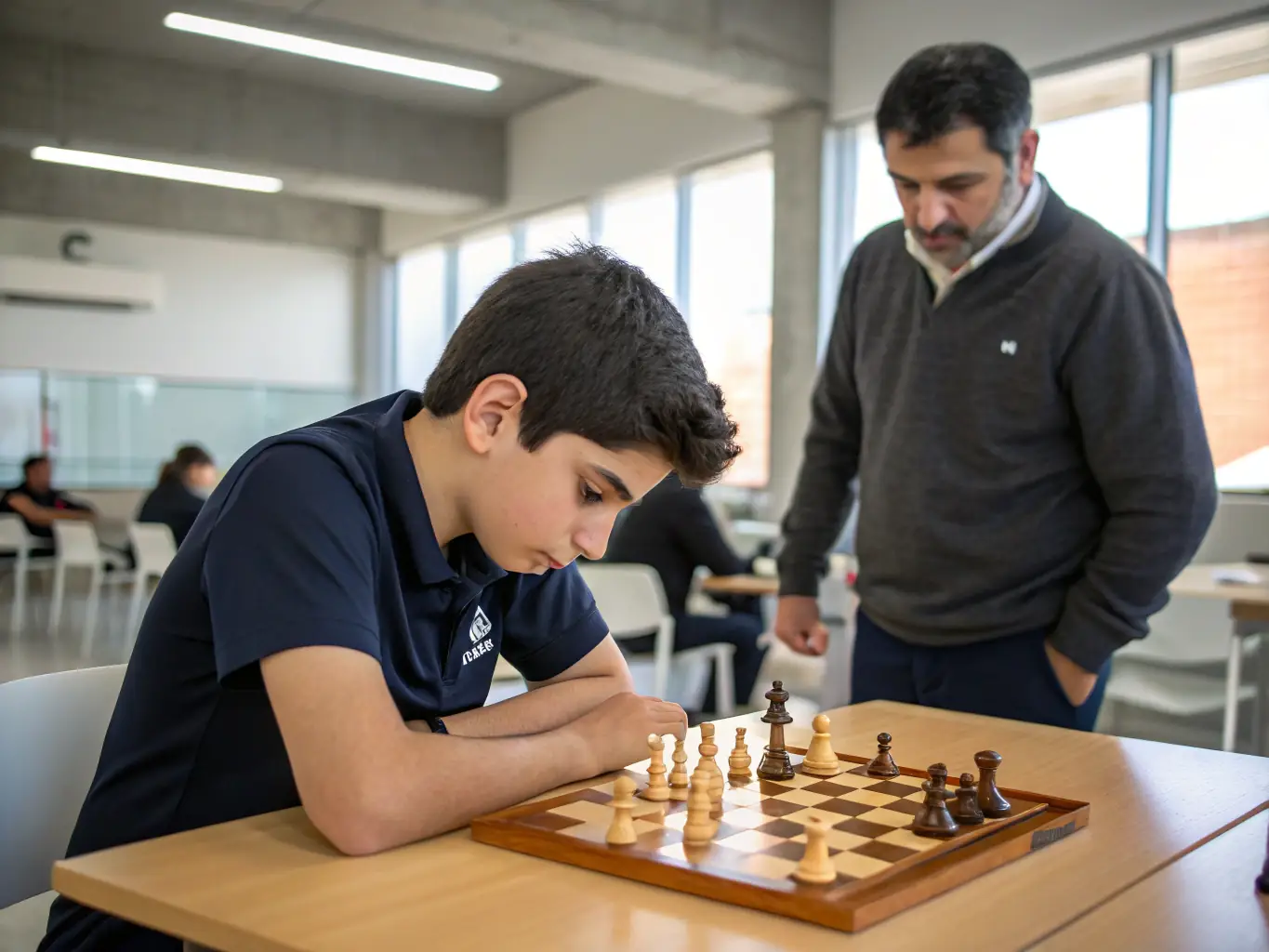 An image of a young chess player intensely focused on the chessboard, highlighting the concentration and mental discipline developed through chess.