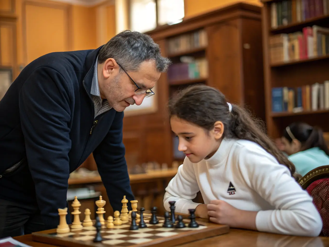 A photograph of a chess coach providing personalized instruction to an adult player, highlighting the individualized attention and expert guidance offered by the club.