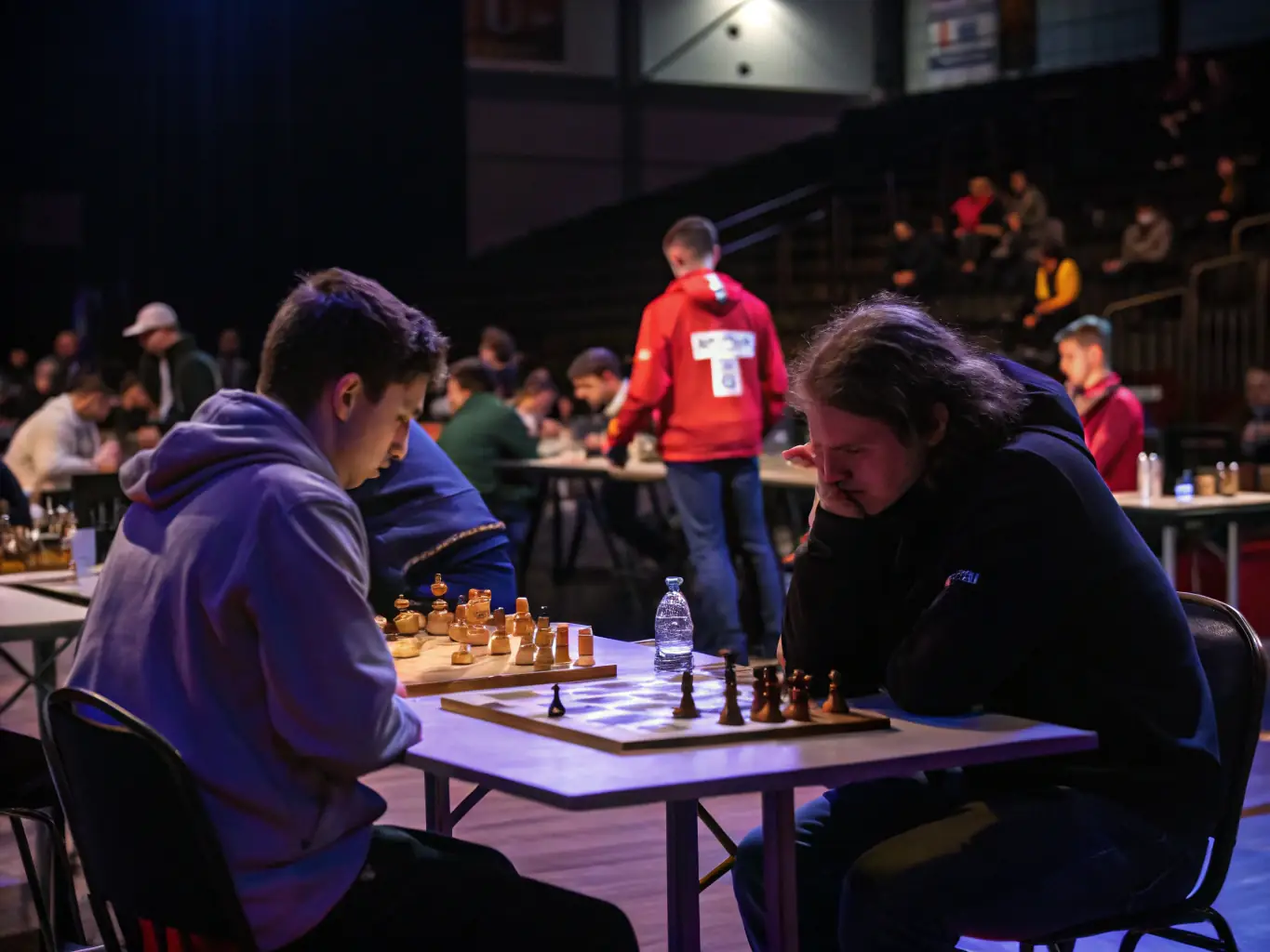 A dynamic shot of a chess tournament in progress, capturing the intensity and excitement of competitive play within the chess club.