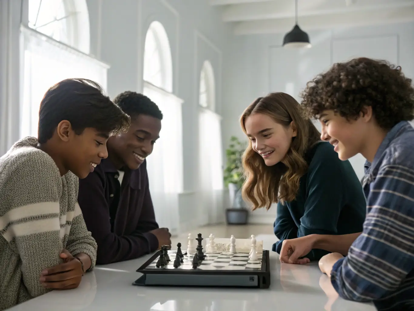 A photograph capturing a diverse group of chess club members deeply engaged in a friendly chess match, showcasing the social and intellectual stimulation the club provides.
