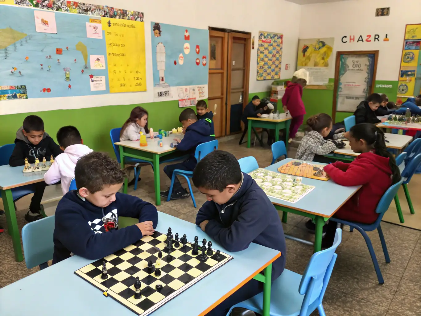 An image depicting a group of children learning chess in a classroom setting, emphasizing the club's commitment to promoting chess in schools and fostering youth engagement.