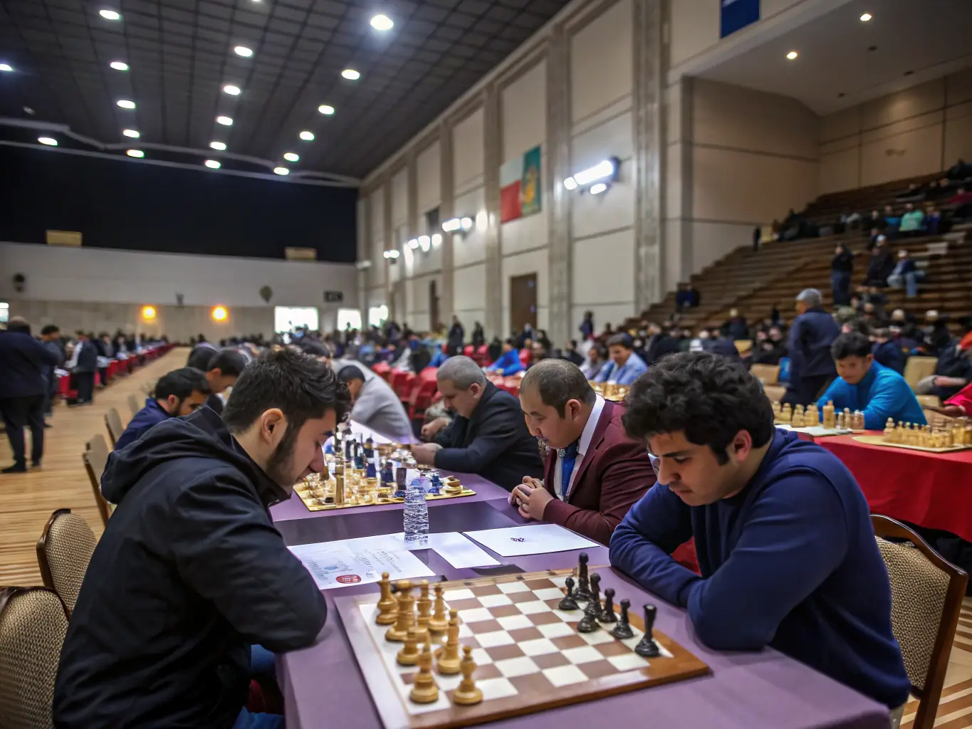 A photograph capturing a vibrant chess tournament in progress, with players of various ages deeply engrossed in their games, showcasing the competitive spirit and community engagement.